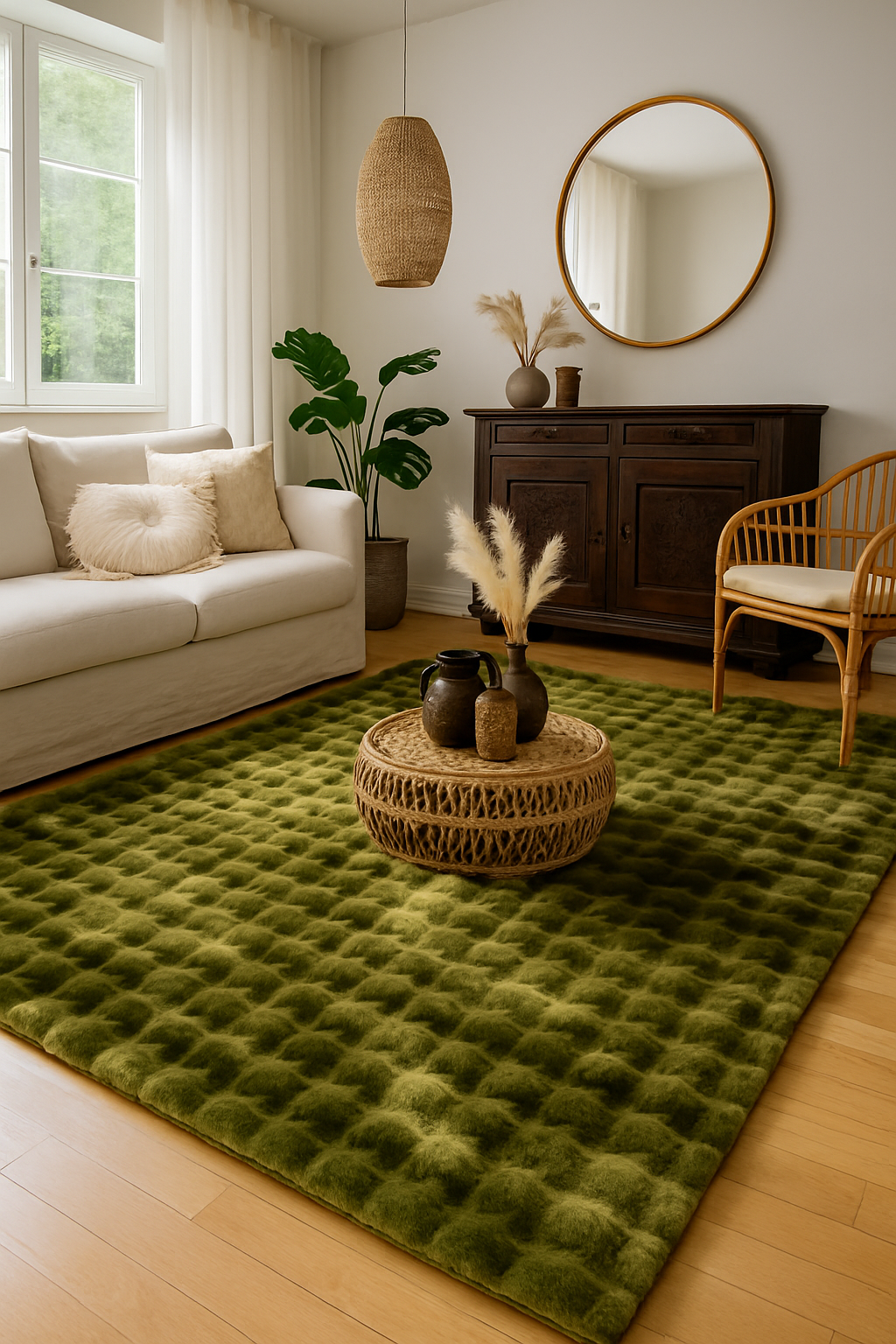 Luxe bohemian woonkamer met het groene vloerkleed My Camouflage als eyecatcher, sfeervol gecombineerd met natuurlijke materialen en warme accenten.