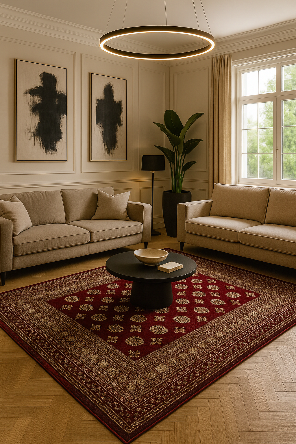 Handgemaakt rood vloerkleed My Ariana gestyled in een moderne luxe woonkamer met warm daglicht