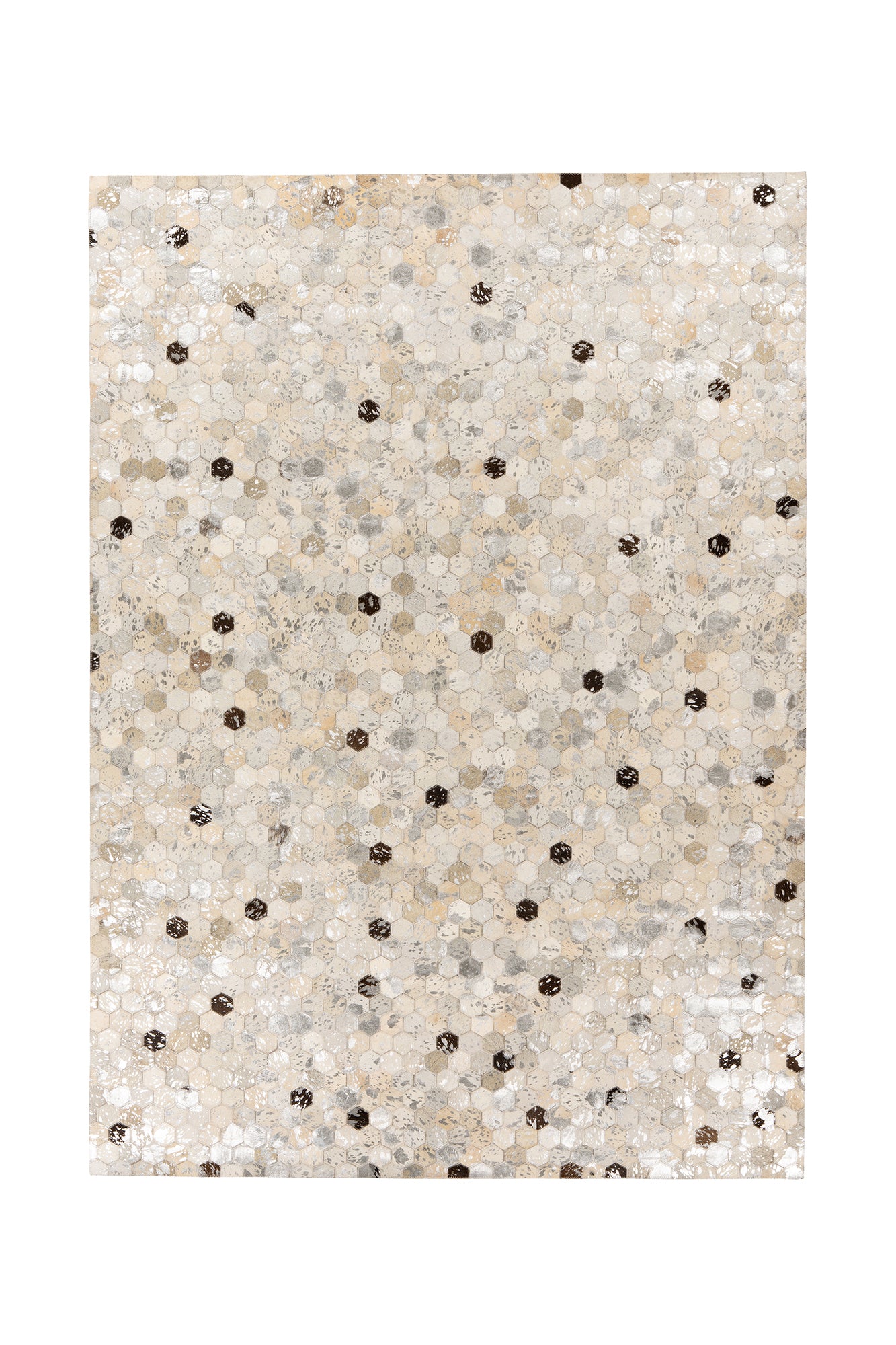 Luxe handgemaakt leren vloerkleed Lanvin 1026 met hexagon patroon in goud, zilver en bruin – bovenaanzicht.