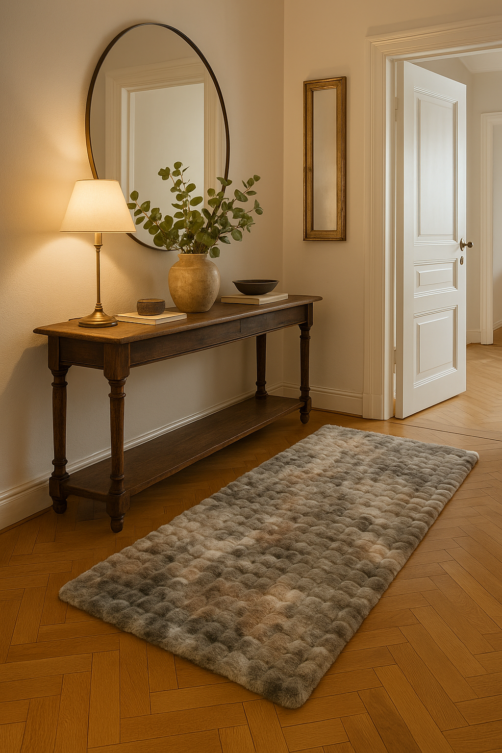 Luxe grijs Cambridge vloerkleed in stijlvolle gang met designkast en ronde wandspiegel – perfect voor een warme en elegante entree