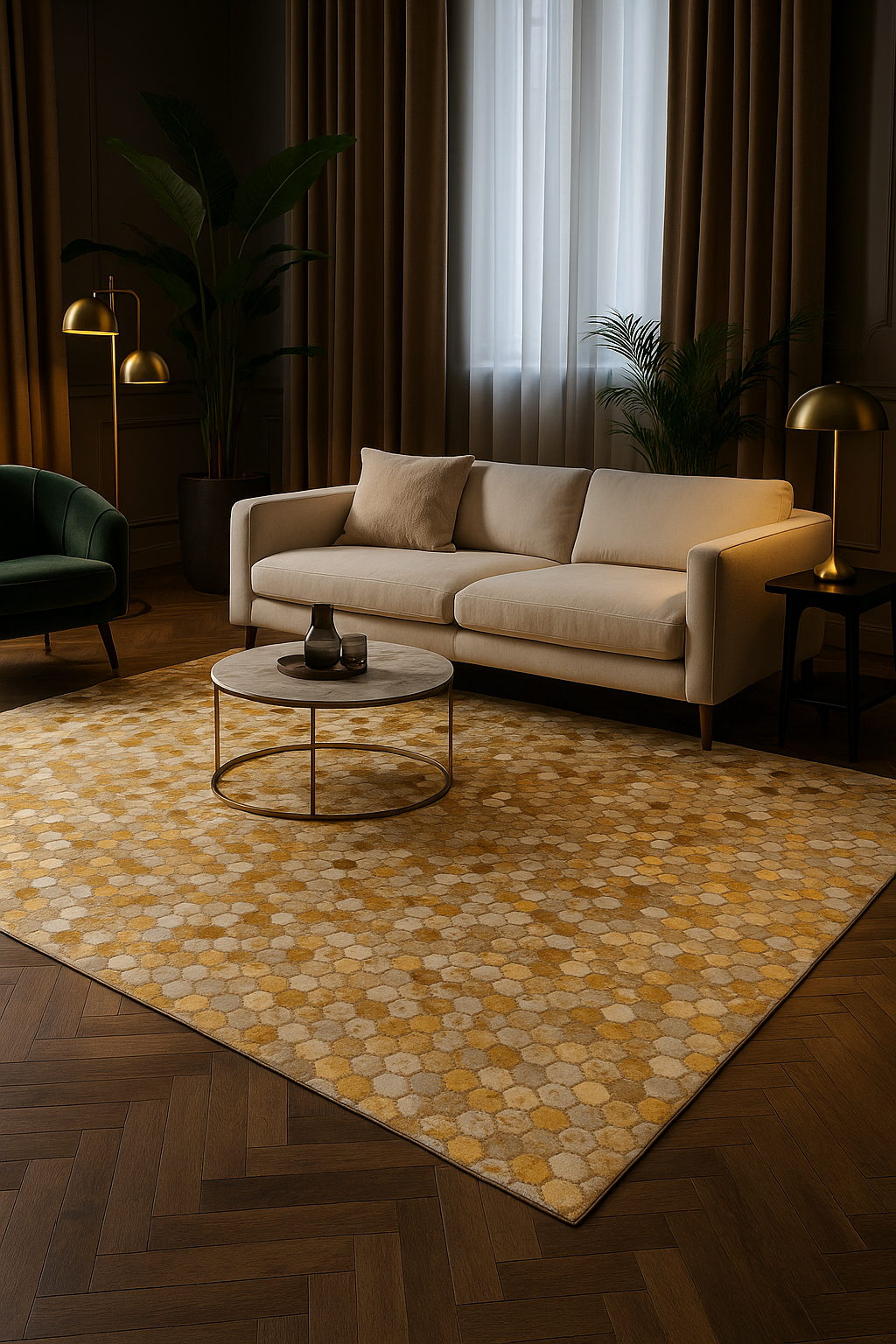 Luxe woonkamer met het handgemaakte Lalee.Avenue vloerkleed Lanvin 1025 in goud leer, perfect gestyled met designmeubels en natuurlijke accenten.