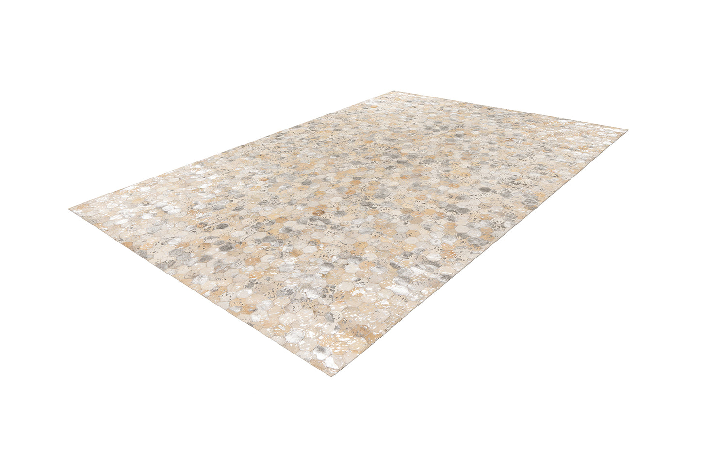 LaleeAvenue vloerkleed Lanvin in goud- en zilverkleurig hexagon-patroon, rechthoekig model, handgemaakt van leer.