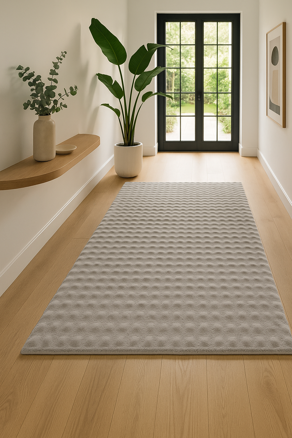 Luxe vloerkleed in zilvergrijs, geplaatst in een moderne, lichte gang met minimalistische inrichting en bovenaanzicht.