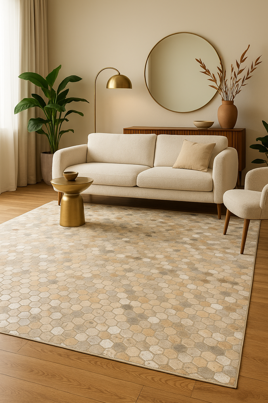 Lalee.Avenue vloerkleed Lanvin 1025 goud en zilver in luxe woonkamer met moderne meubels en natuurlijke lichtinval