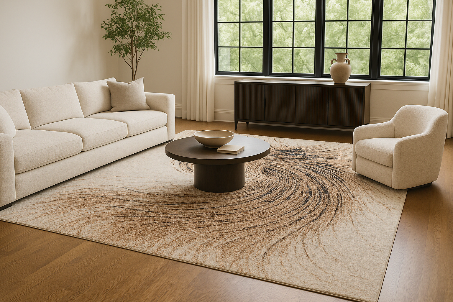 Luxe design vloerkleed in natuurlijke beige tinten – sfeervolle woonkamer met elegant interieur – Lalee Avenue