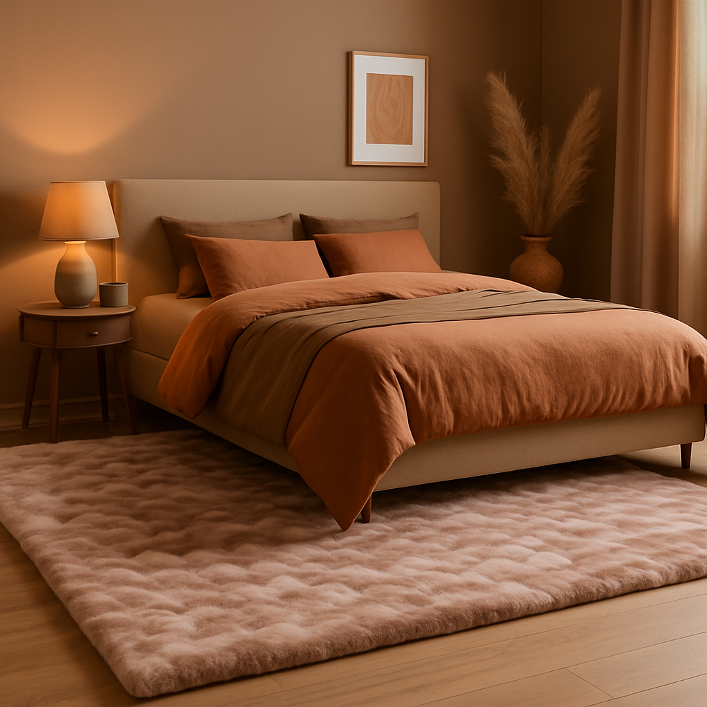 Luxe roze vloerkleed in een warme en sfeervolle slaapkamer met natuurlijke tinten, perfect voor een knusse en elegante uitstraling.