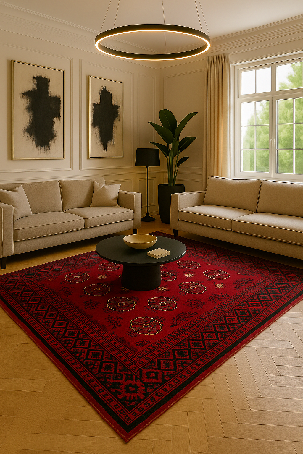 Het rode vloerkleed My Ariana 881 in een stijlvolle woonkamer met natuurlijk licht en moderne inrichting