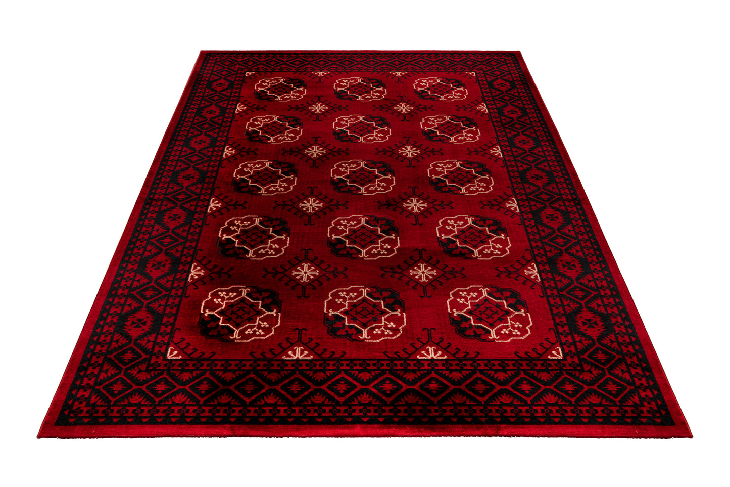 Luxe rood vloerkleed My Ariana 881 met oosterse print, van bovenaf gefotografeerd vanuit hoekperspectief