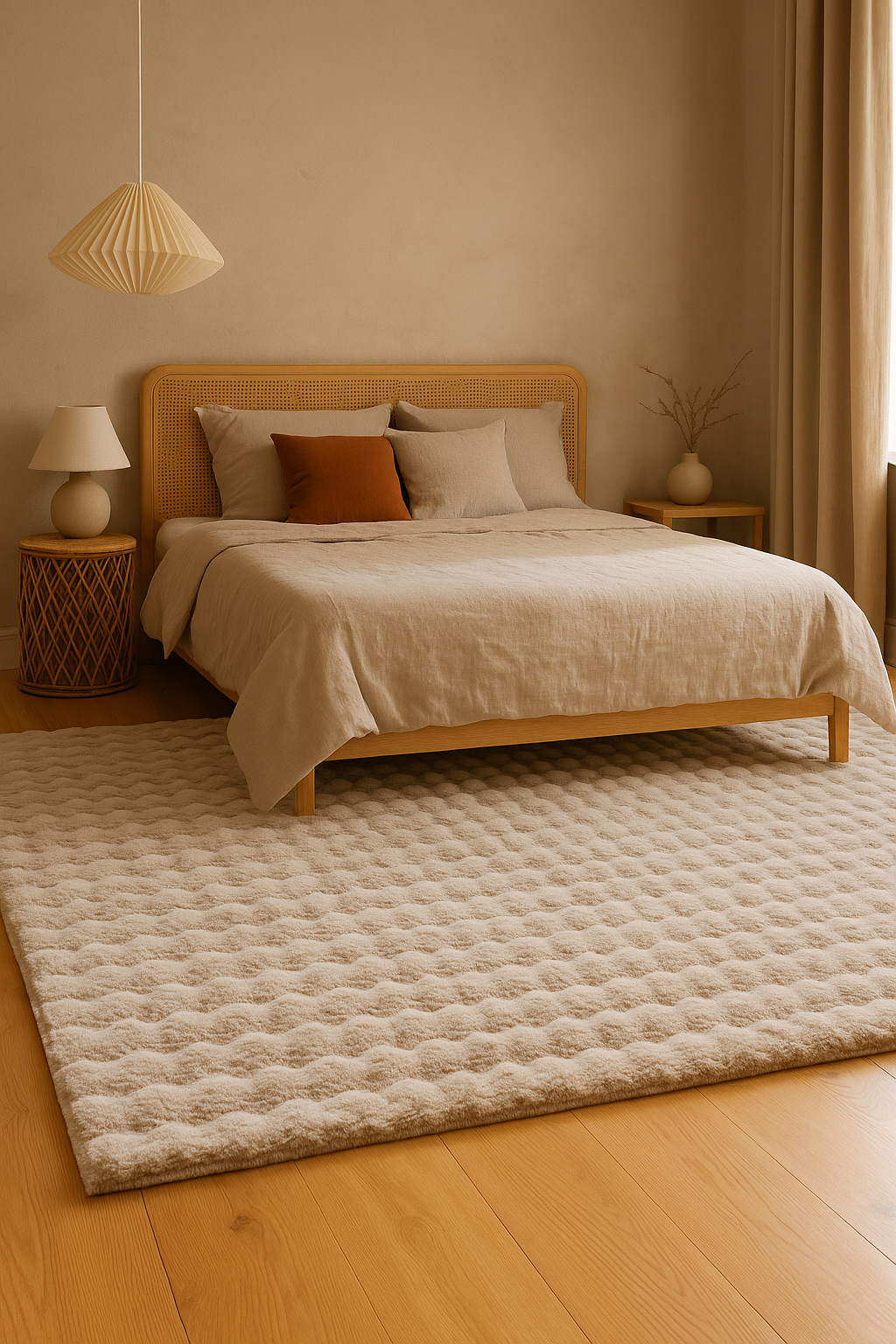 Vloerkleed My Calypso beige in een stijlvolle slaapkamer met zachte daglichtinval en rustgevende inrichting