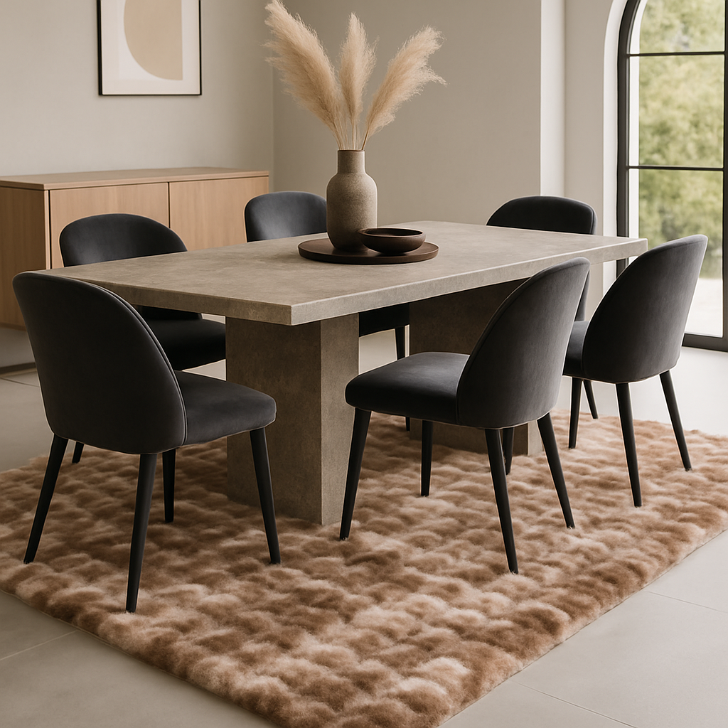 Luxe interieur met een groot stenen eettafel en designstoelen op een zacht taupekleurig vloerkleed My Camouflage