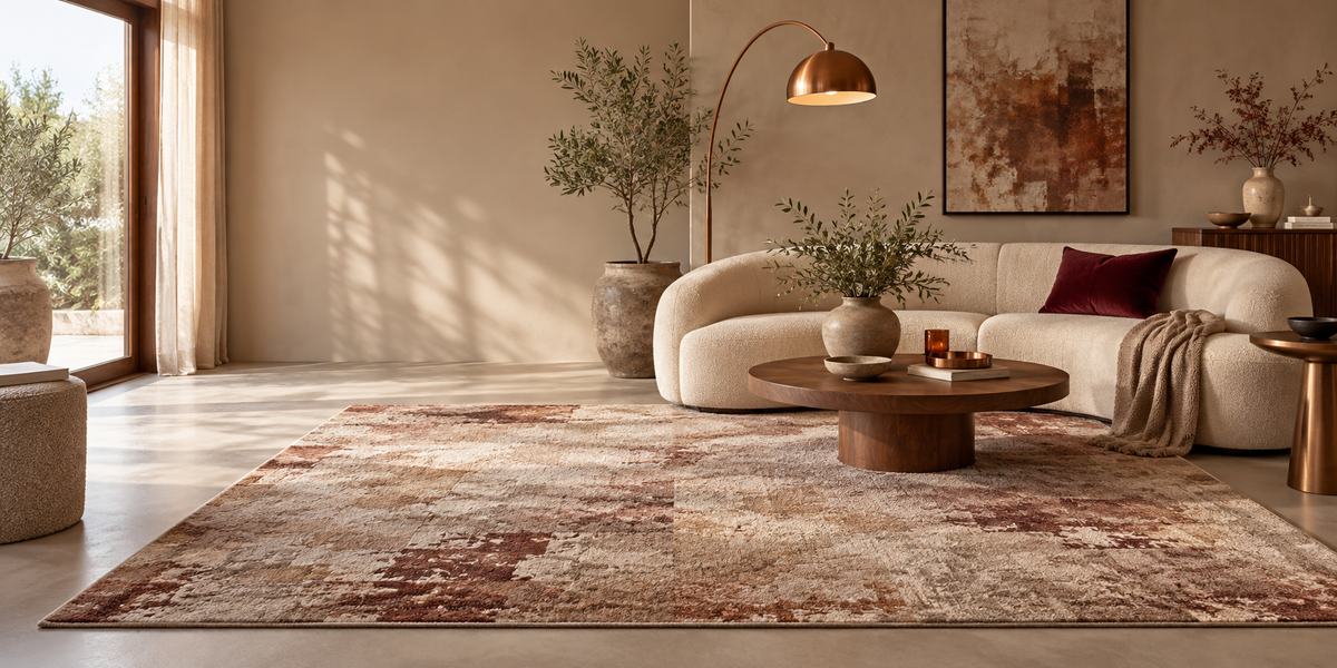 Obsession vloerkleed in een warme luxe woonkamer met koper- en bordeauxaccenten
