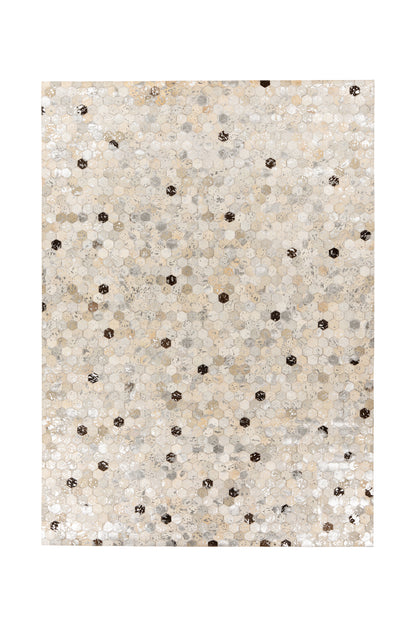 Luxe handgemaakt leren vloerkleed Lanvin 1026 met hexagon patroon in goud, zilver en bruin – bovenaanzicht.