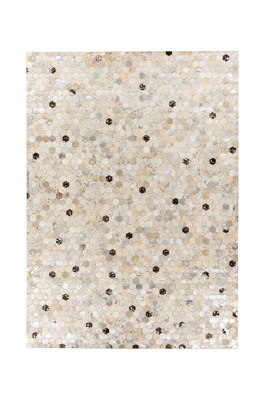 Luxe handgemaakt leren vloerkleed Lanvin 1026 met hexagon patroon in goud, zilver en bruin – bovenaanzicht.