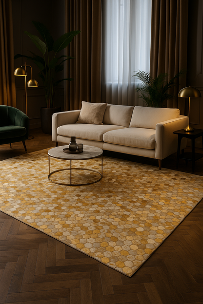 Luxe woonkamer met het handgemaakte Lalee.Avenue vloerkleed Lanvin 1025 in goud leer, perfect gestyled met designmeubels en natuurlijke accenten.