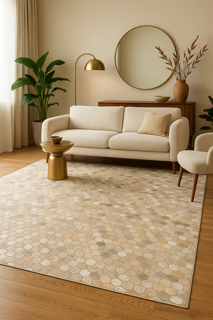 Lalee.Avenue vloerkleed Lanvin 1025 goud en zilver in luxe woonkamer met moderne meubels en natuurlijke lichtinval