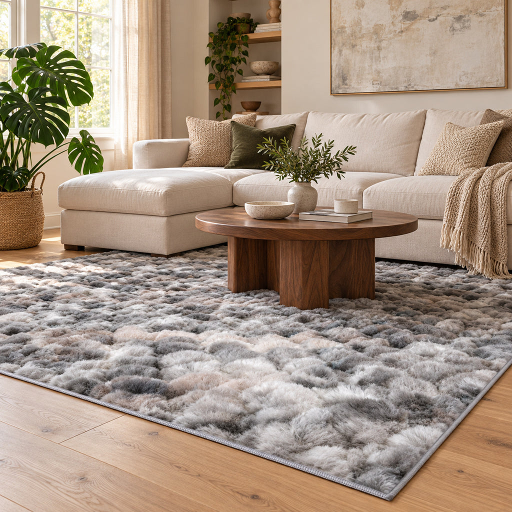Grijs gemêleerd My Camouflage 845 vloerkleed in een lichte woonkamer met crème bank en houten salontafel