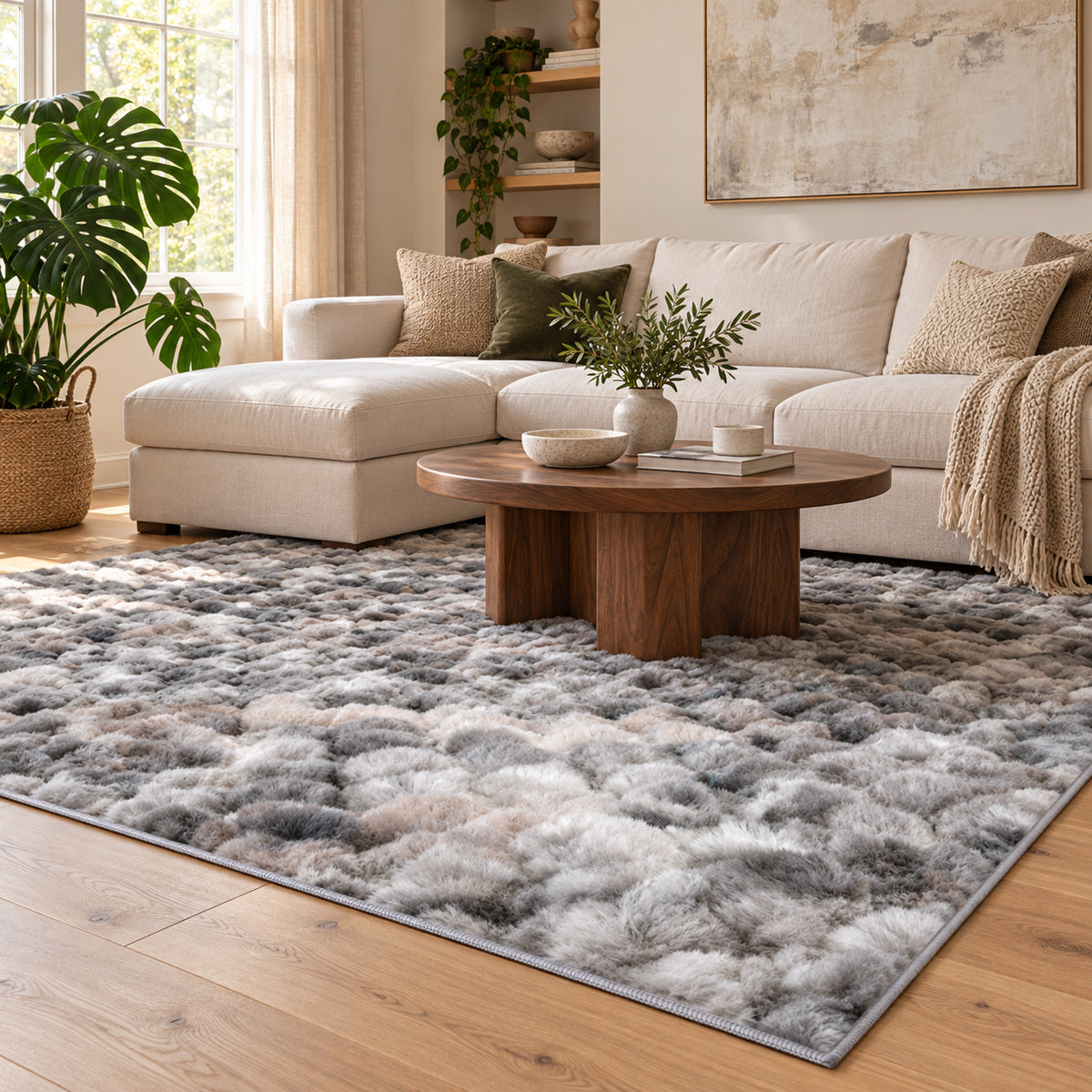Grijs gemêleerd My Camouflage 845 vloerkleed in een lichte woonkamer met crème bank en houten salontafel