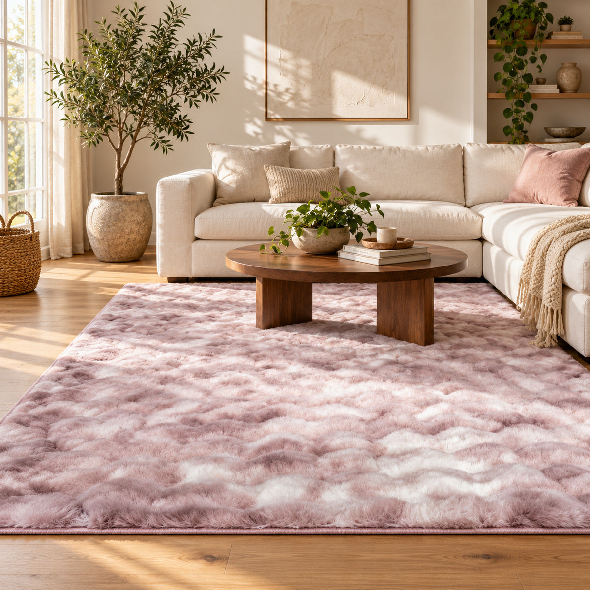 Roze gemêleerd My Camouflage 845 vloerkleed in een lichte woonkamer met crème bank en houten salontafel