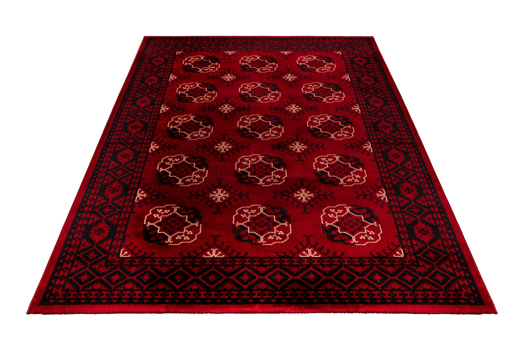 Luxe rood vloerkleed My Ariana 881 met oosterse print, van bovenaf gefotografeerd vanuit hoekperspectief