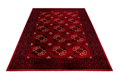 Luxe rood vloerkleed My Ariana 881 met oosterse print, van bovenaf gefotografeerd vanuit hoekperspectief